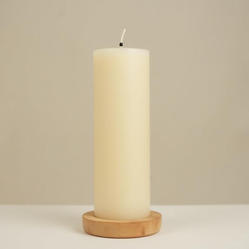 Tall handmade pillar candle on a wooden stand